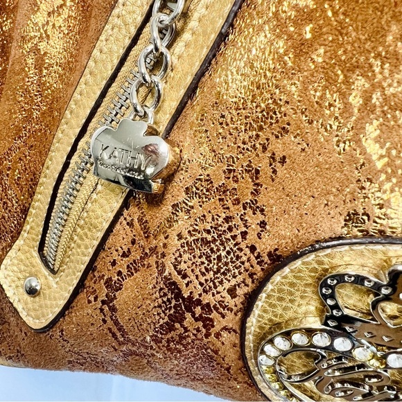 KATHY VAN ZEELAND GOLD CROSSBODY BAG FAUX DIAMOND SHOULDER Y2K  LEATHER BAG - Picture 13 of 14